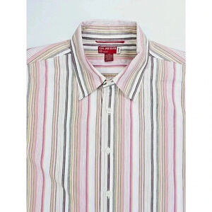 Guess Size Large Men's White Pink Camel Burgundy Logo Tag Long Sleeve Shirt